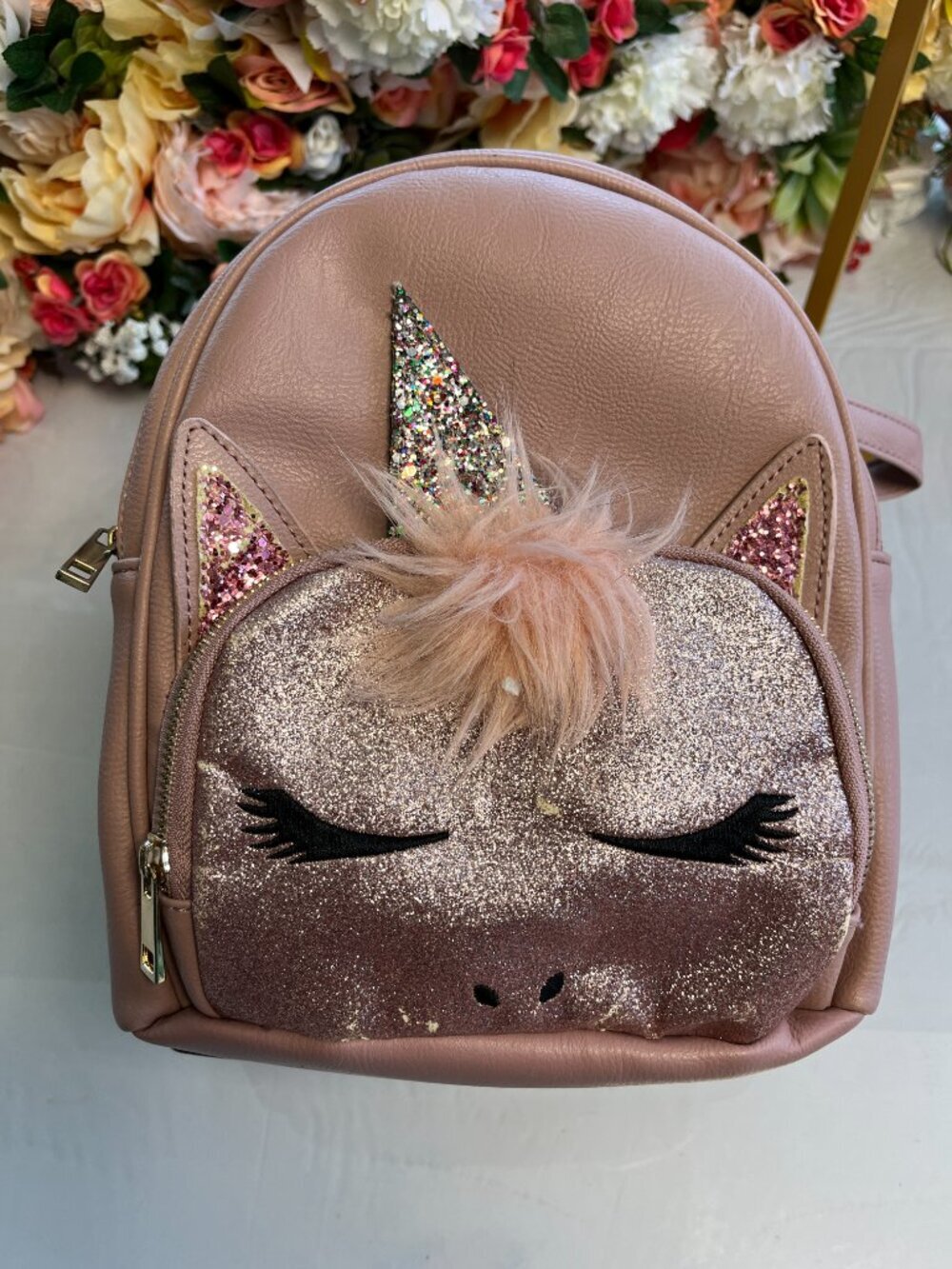 Pink Glitter Unicorn Mini Backpack Adjustable Straps Faux Fur Mane